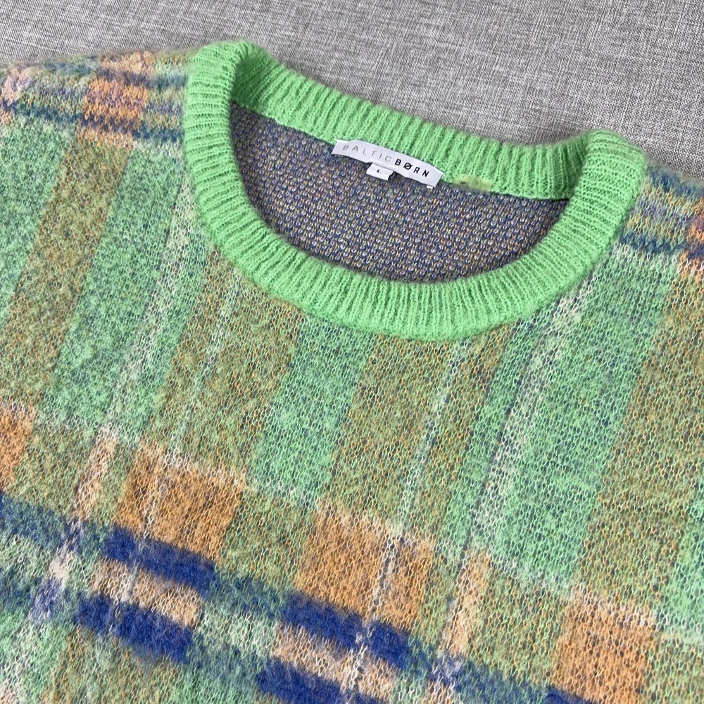 Baltic Born Sweater Womens L Green Plaid Crew Neck Pullover Acrylic Nylon Knit